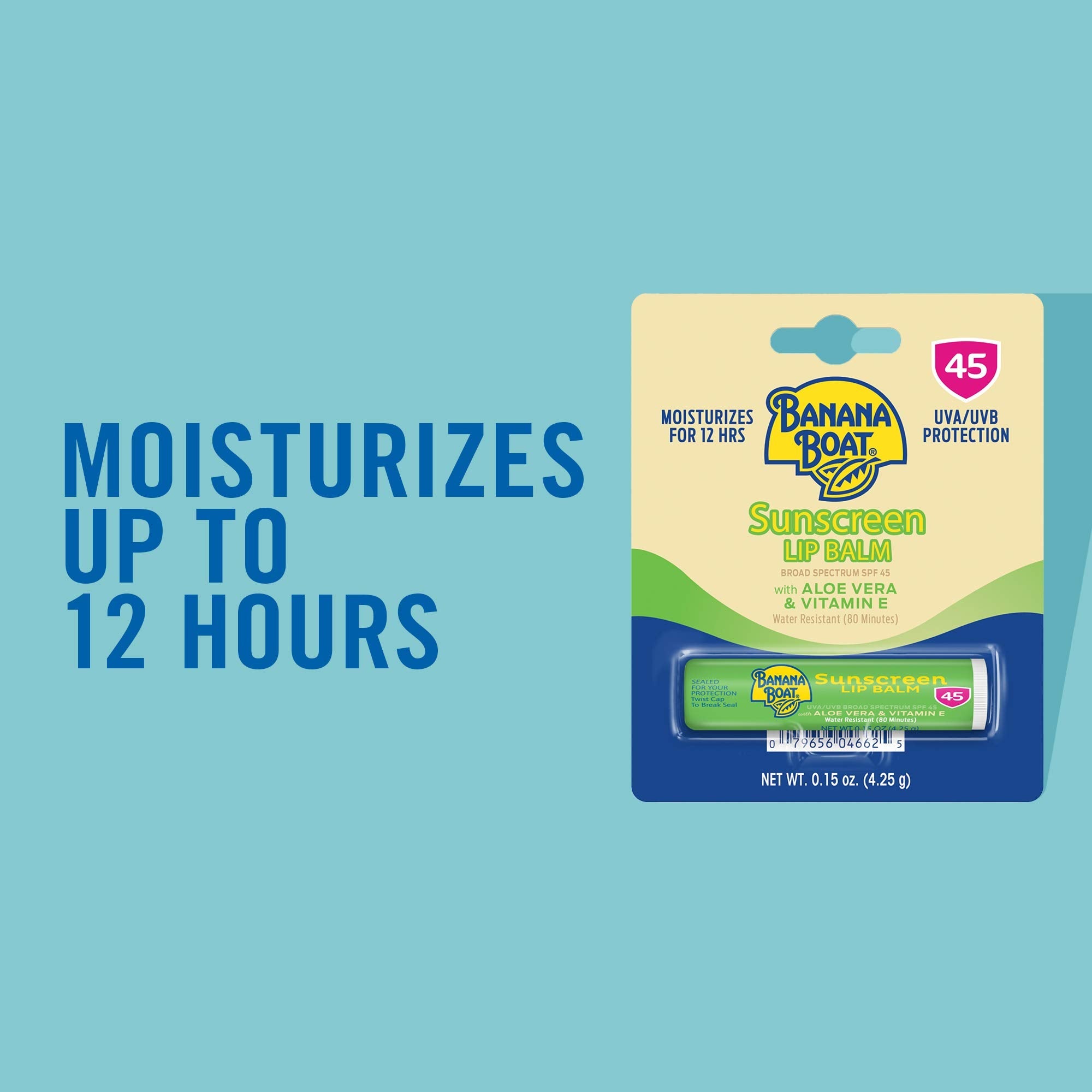 Banana Boat SPF 45 lip balm packaging showing sun protection details