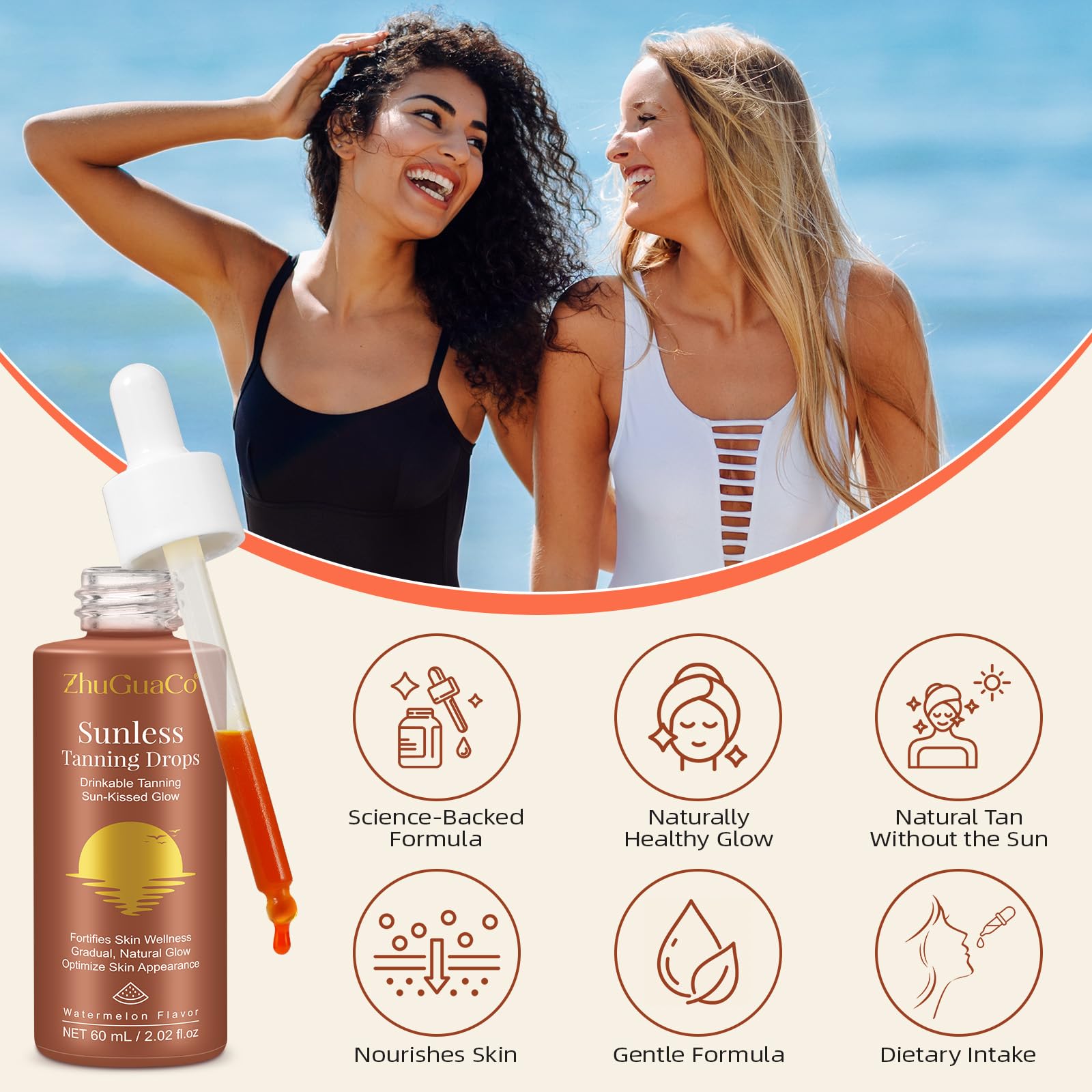 Label detail of ZhuGuaCo sunless tanning drops for skin glow