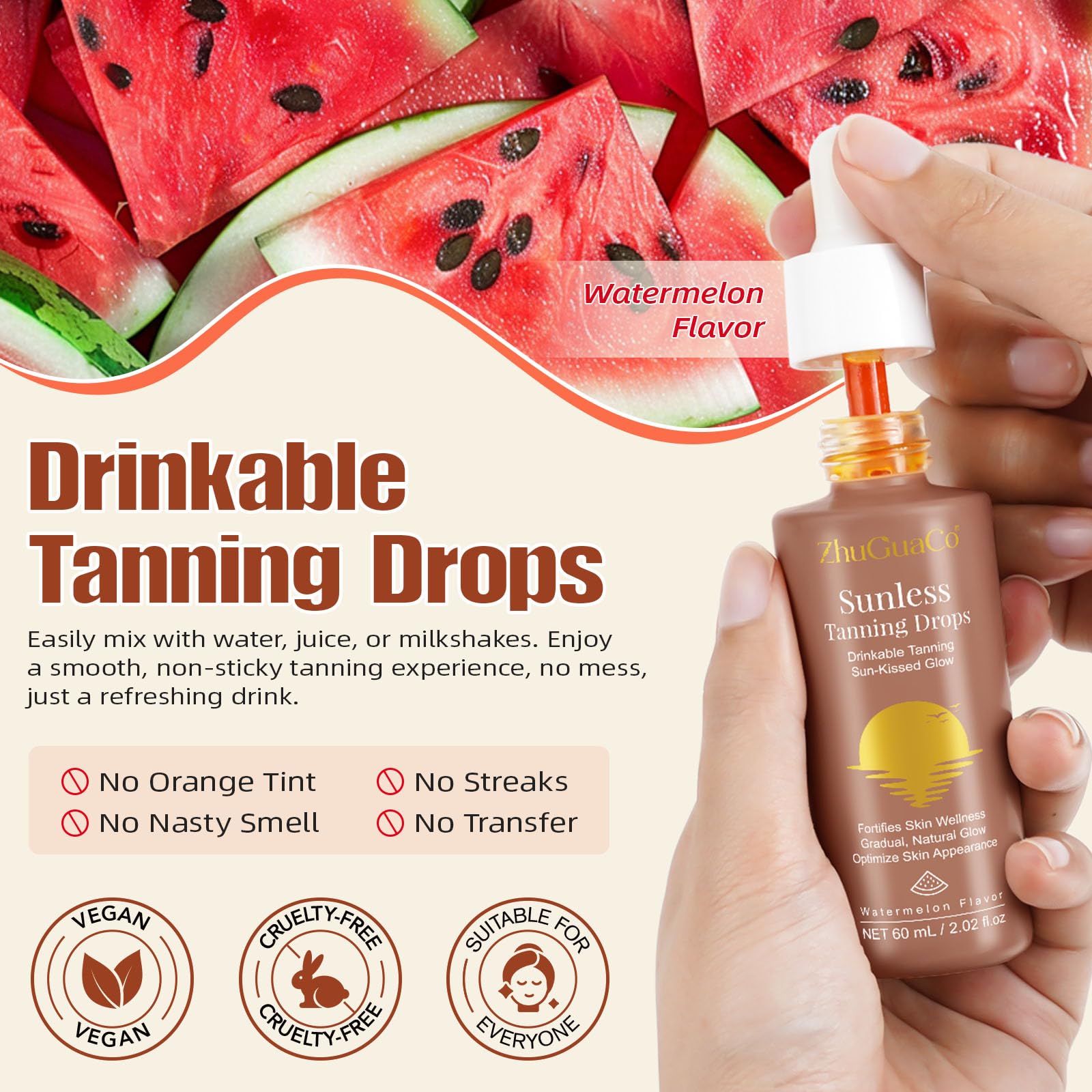 Authentic ZhuGuaCo drinkable tanning drops 60 milliliters bottle