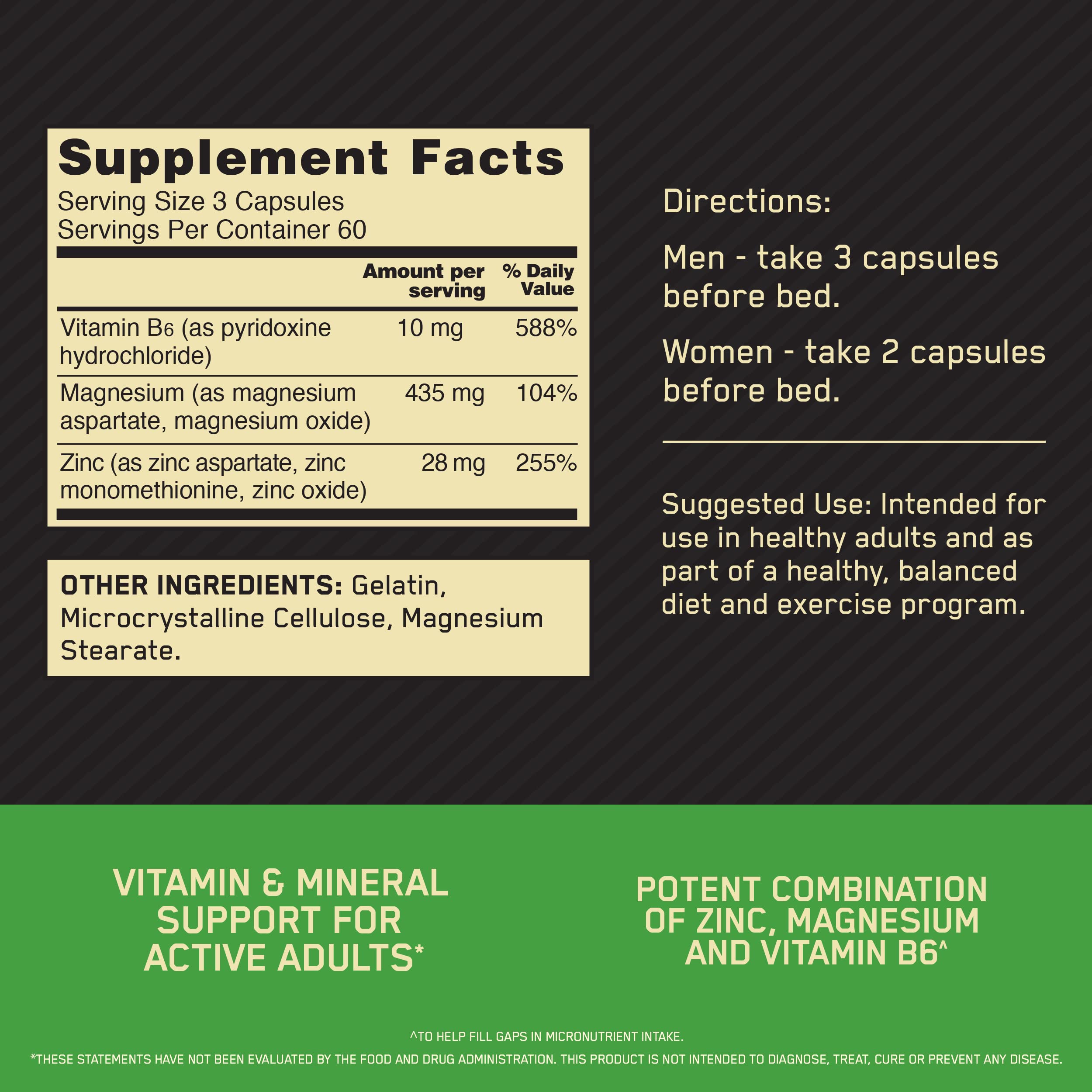 Optimum Nutrition ZMA supplement bottle detailing the zinc, magnesium, and vitamin B6 blend.