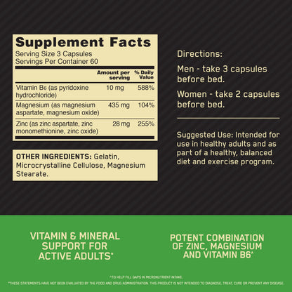 Optimum Nutrition ZMA supplement bottle detailing the zinc, magnesium, and vitamin B6 blend.
