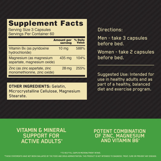 Optimum Nutrition ZMA supplement bottle detailing the zinc, magnesium, and vitamin B6 blend.