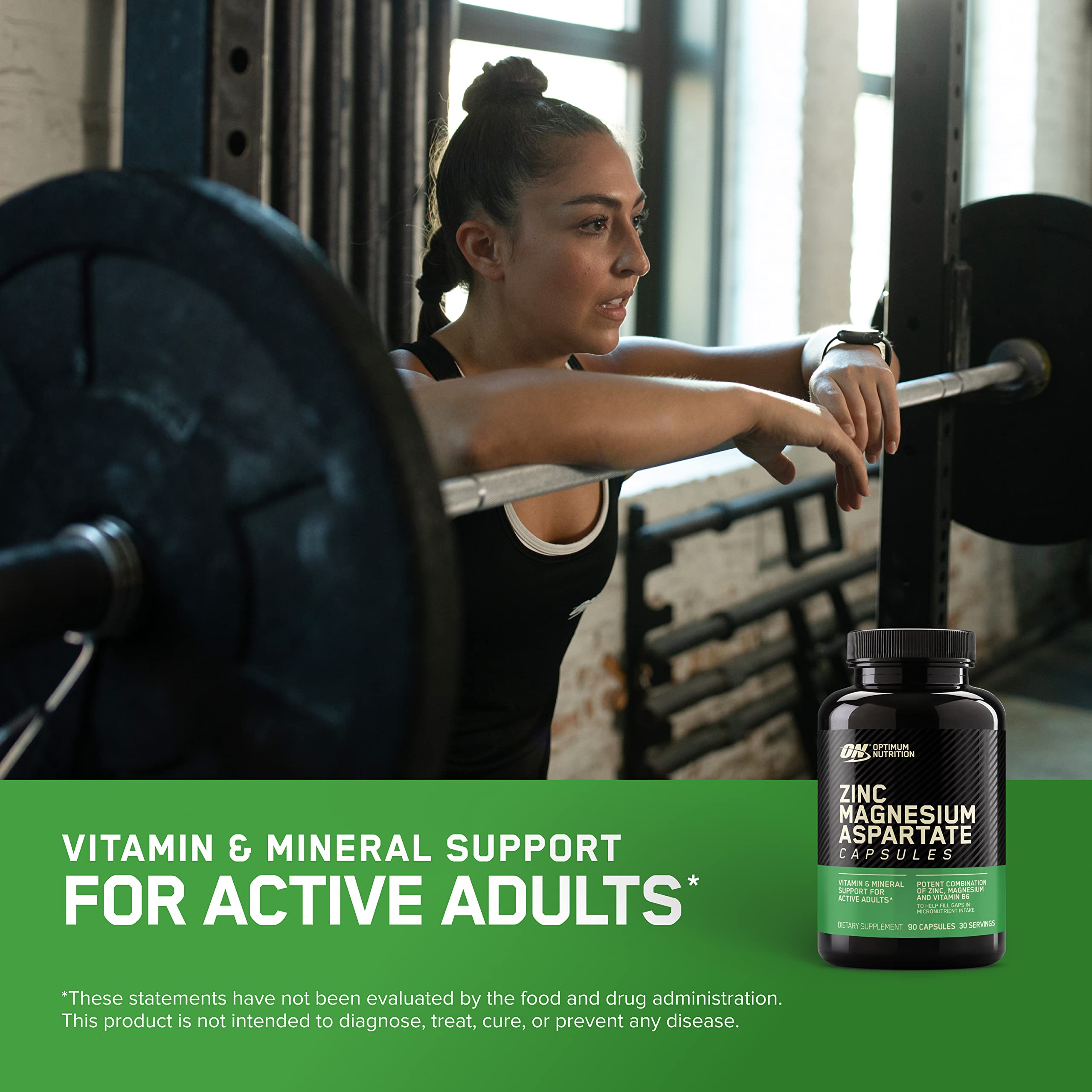 Back label of Optimum Nutrition ZMA 180 capsules featuring nutritional facts and ingredient list.