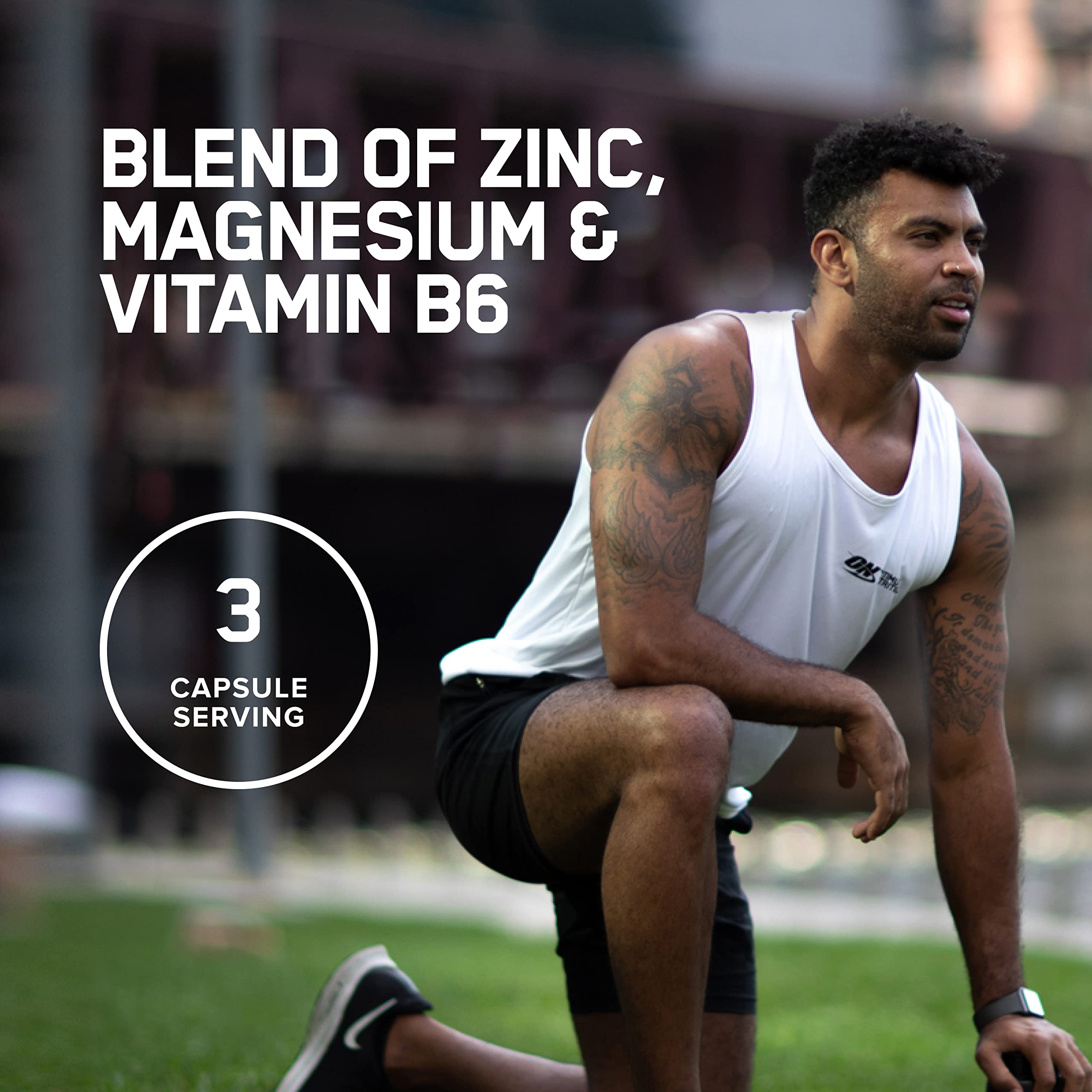 Side view of Optimum Nutrition ZMA muscle recovery container displaying usage directions.