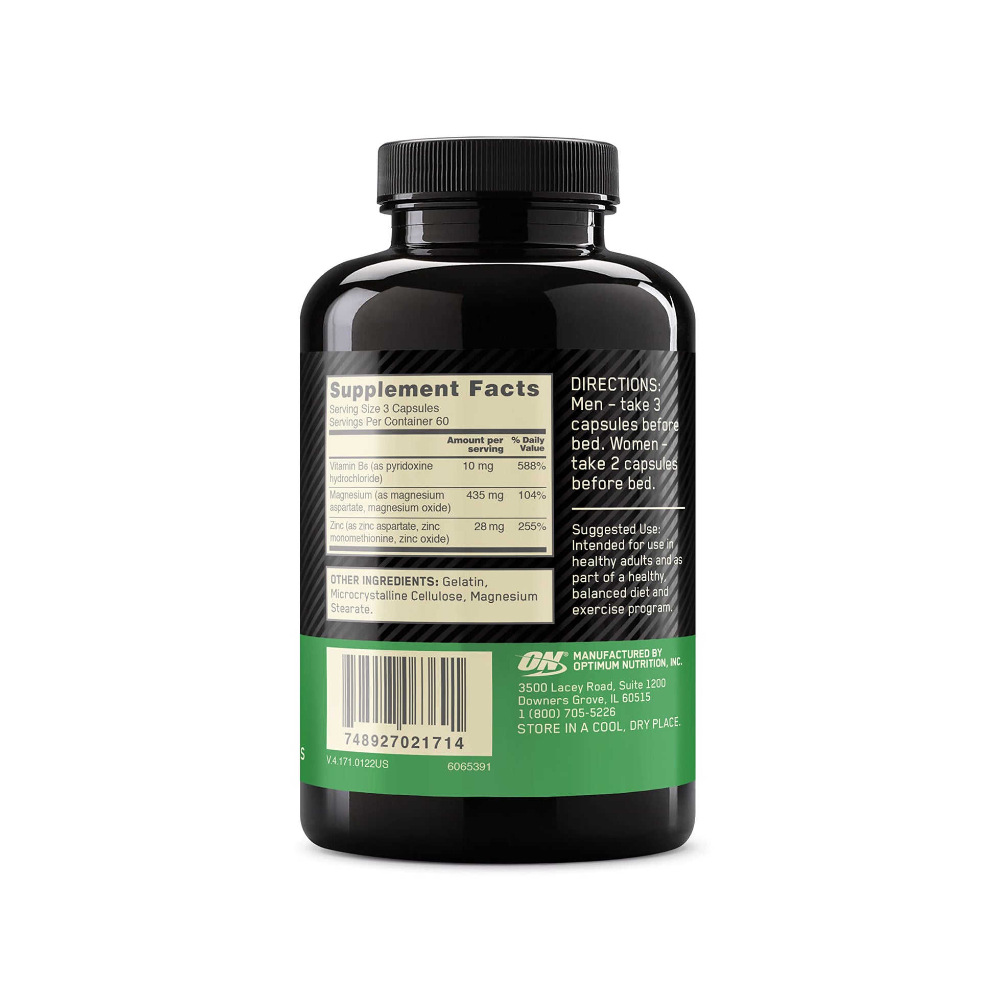 Full packaging view of Optimum Nutrition ZMA zinc magnesium aspartate for athlete recovery.