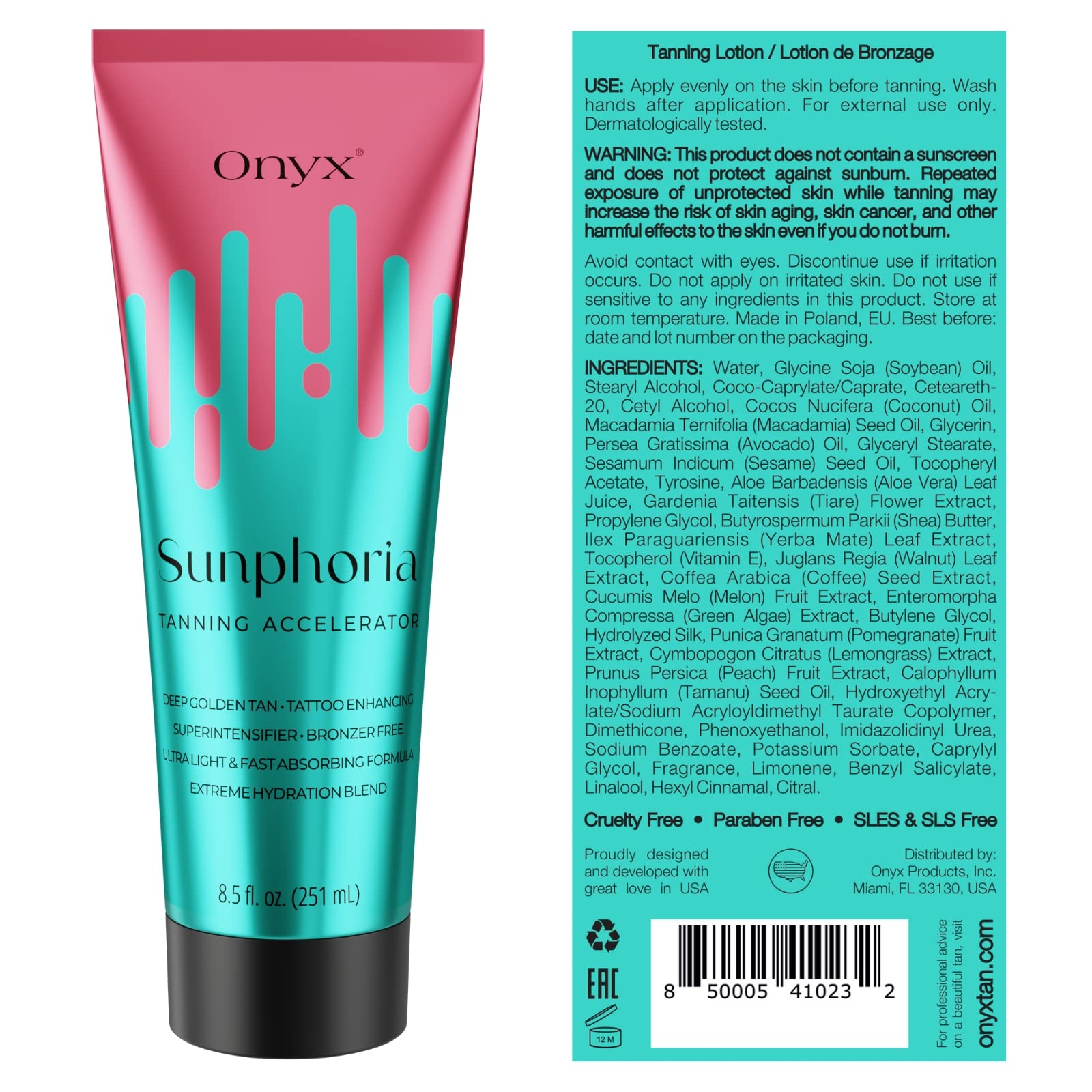 Onyx Sunphoria tanning accelerator lotion tube packaging