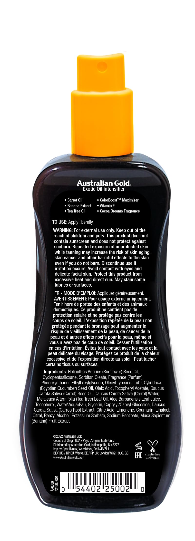 Australian Gold tanning oil with carrot extract spray bottle