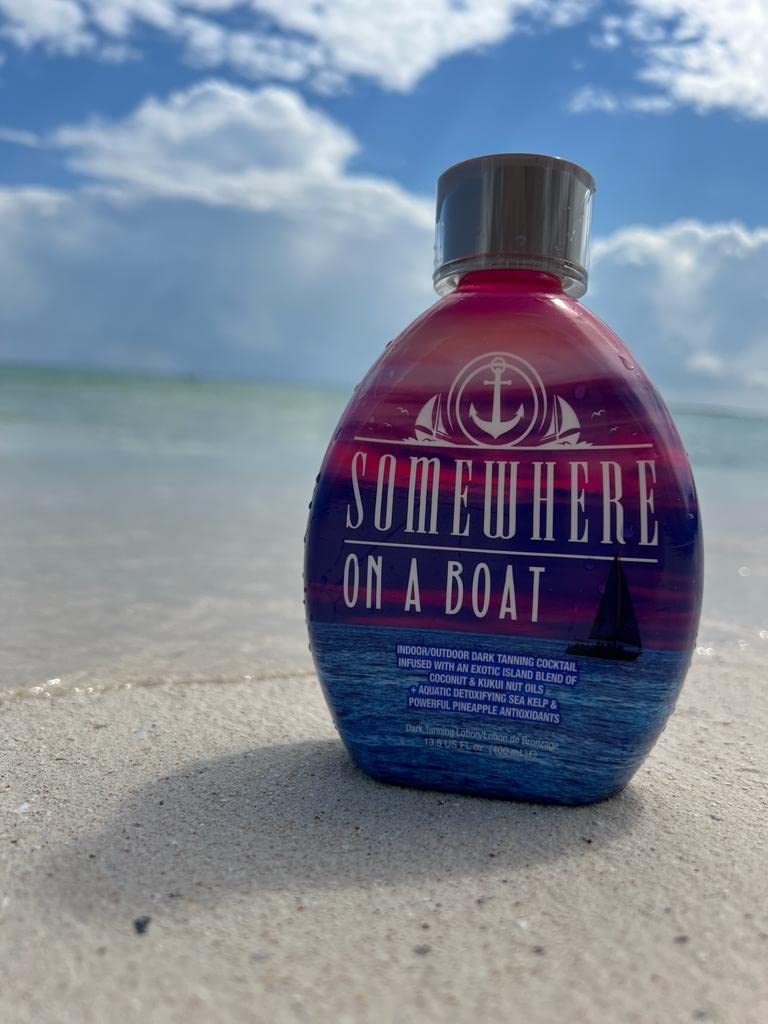 Back label of Somewhere On A Boat tanning accelerator