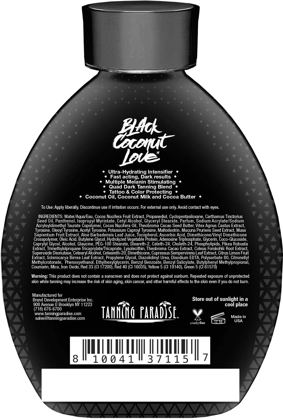 Back of Tanning Paradise Aloe Black bottle showing ingredients