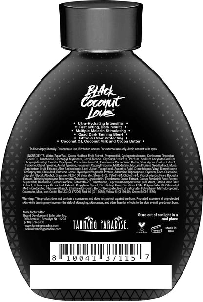 Back of Tanning Paradise Aloe Black bottle showing ingredients