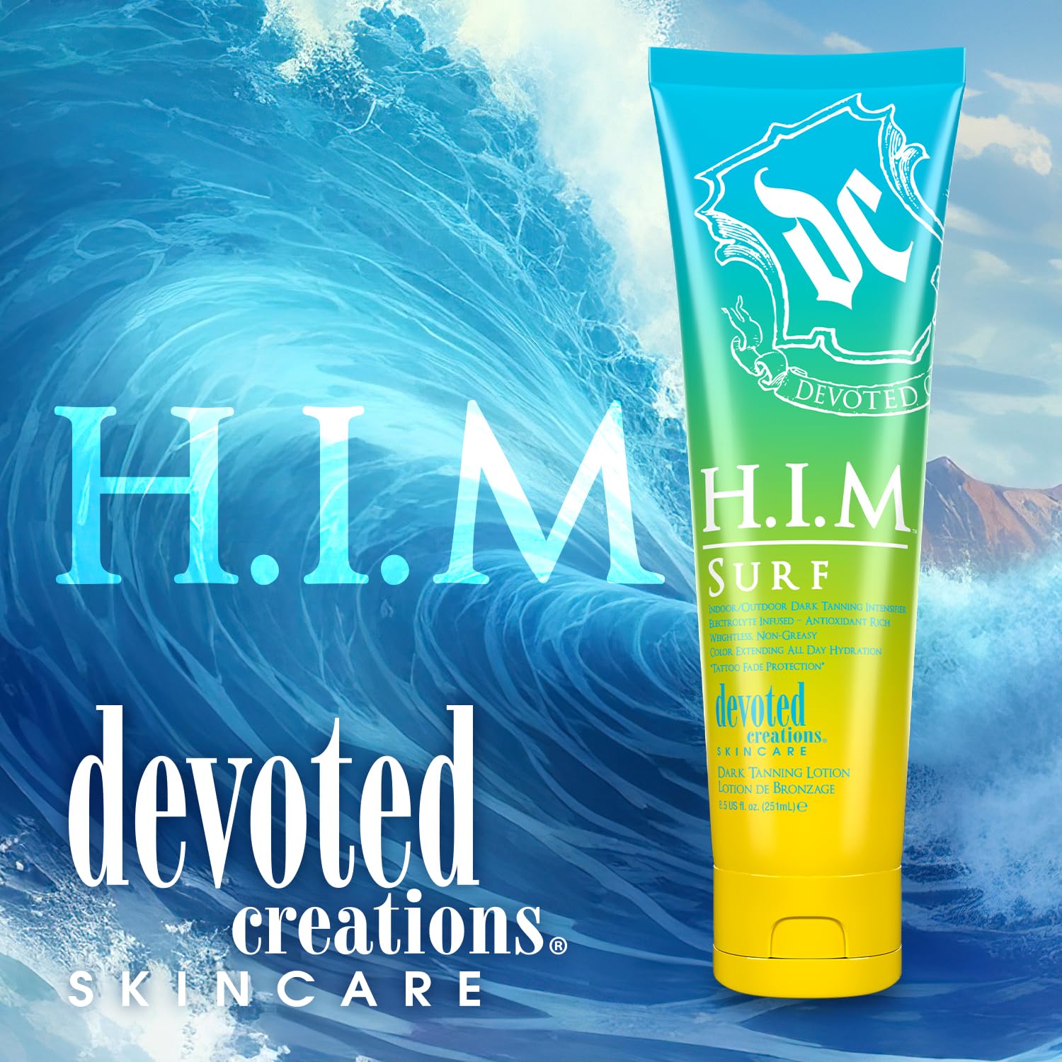 Back label of Devoted Creations HIM Surf indoor outdoor tanning lotion