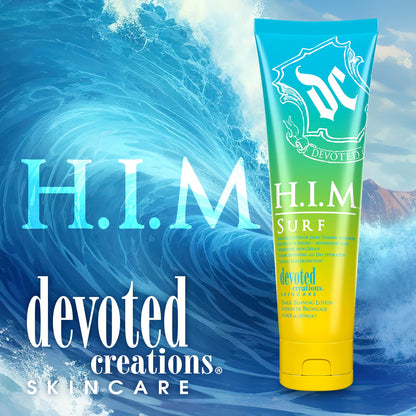 Back label of Devoted Creations HIM Surf indoor outdoor tanning lotion