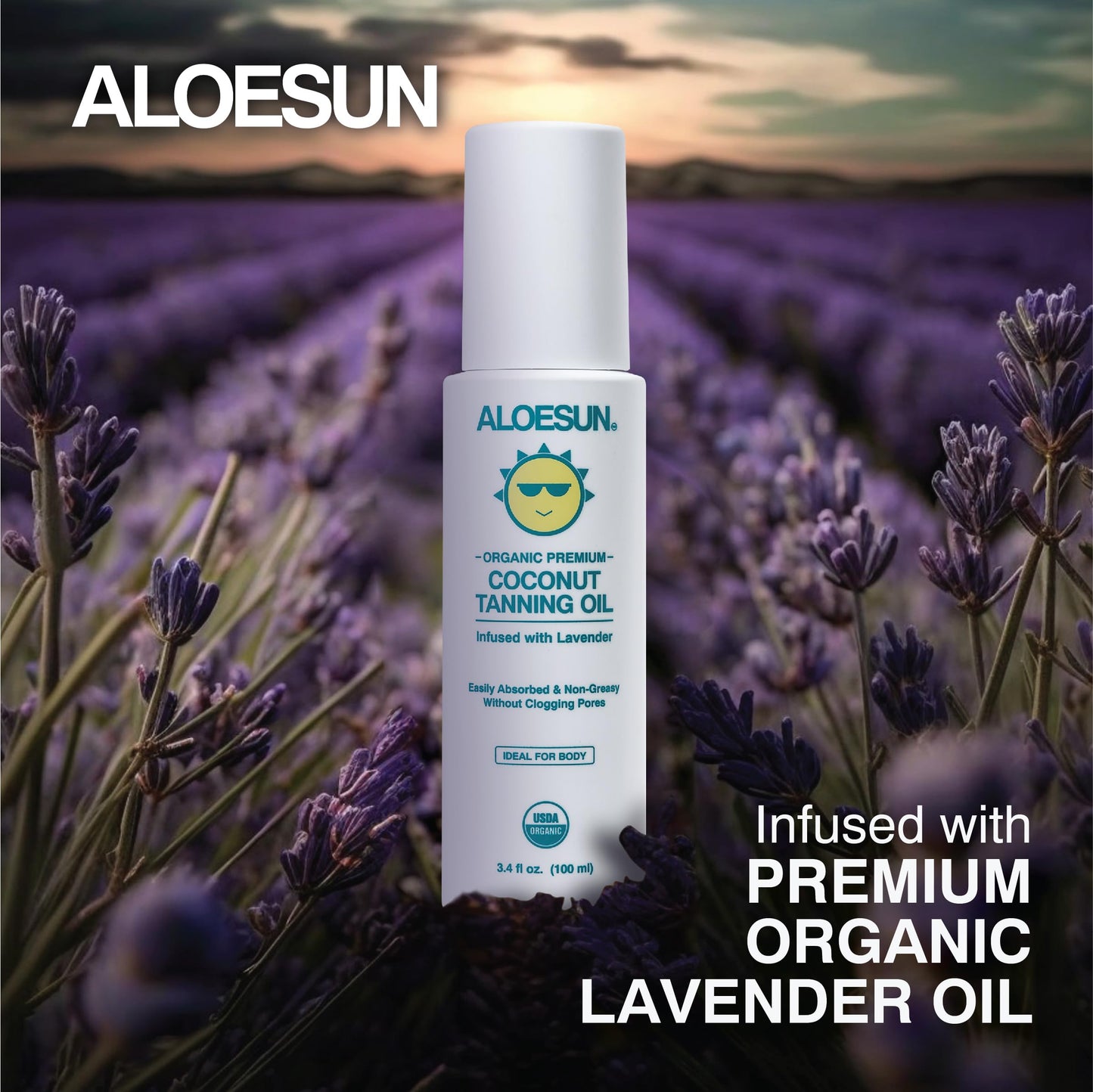 Aloesun organic tanning oil spray with tropical coconut background
