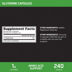 Optimum Nutrition L-Glutamine 240 count capsule bottle label details
