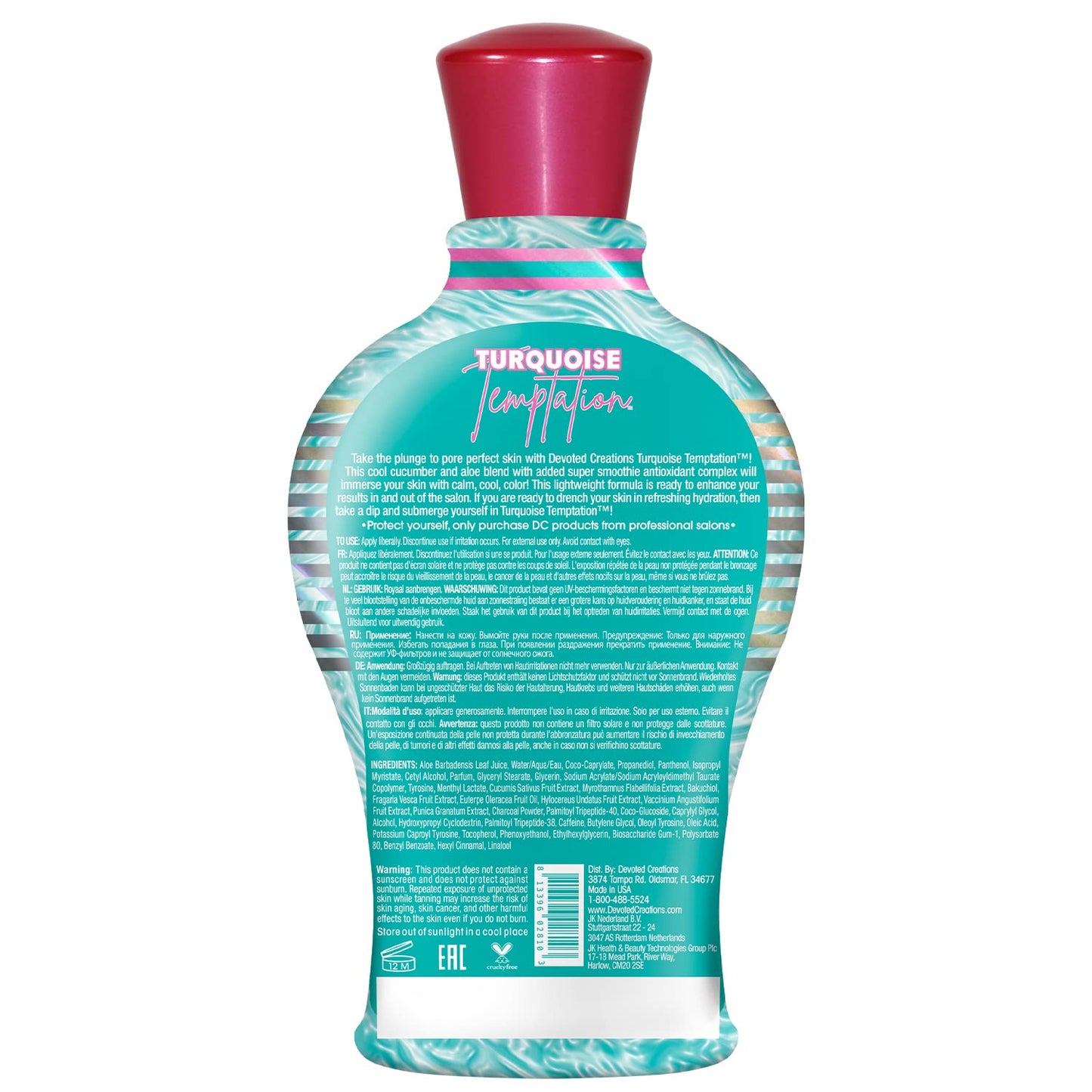 Close up of Devoted Creations Turquoise Temptation tanning lotion packaging.