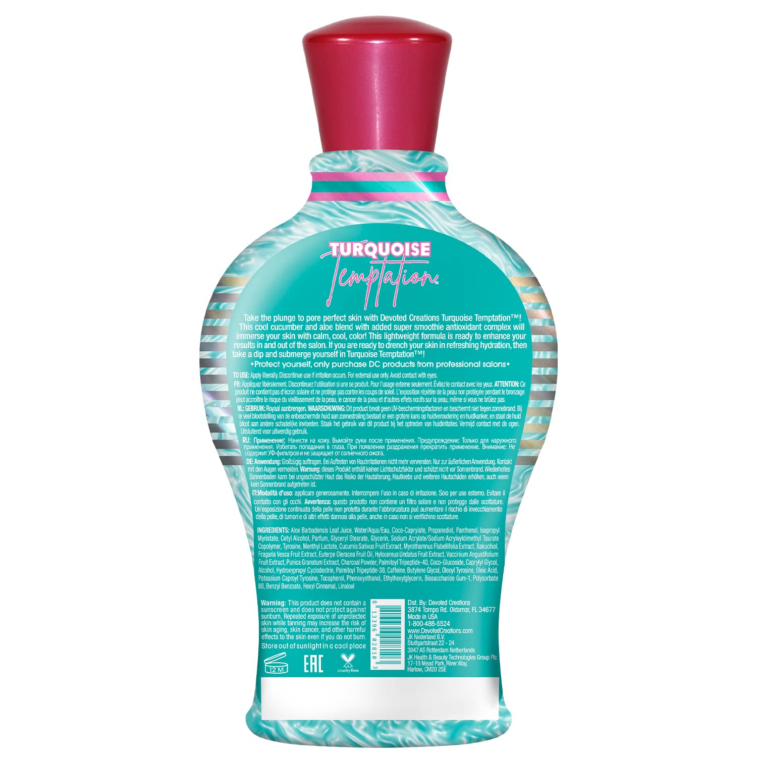 Close up of Devoted Creations Turquoise Temptation tanning lotion packaging.