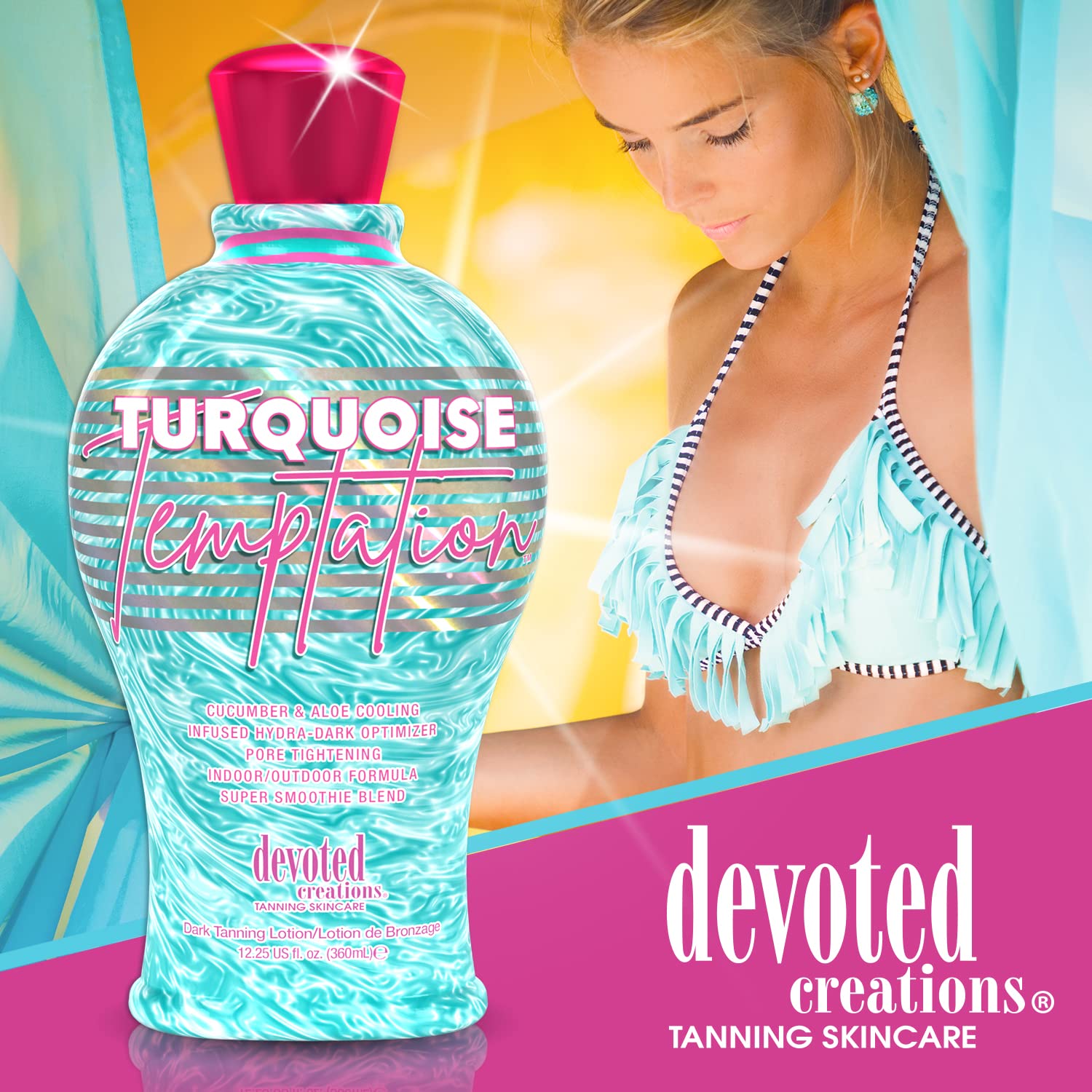 Devoted Creations Turquoise Temptation lotion bottle with skincare ingredients shown.