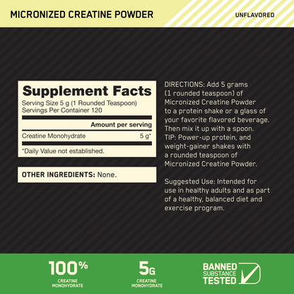 Optimum Nutrition Micronized Creatine Powder 120 Servings Nutritional Facts Label