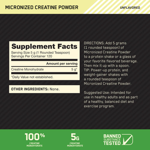 Optimum Nutrition Micronized Creatine Powder 120 Servings Nutritional Facts Label