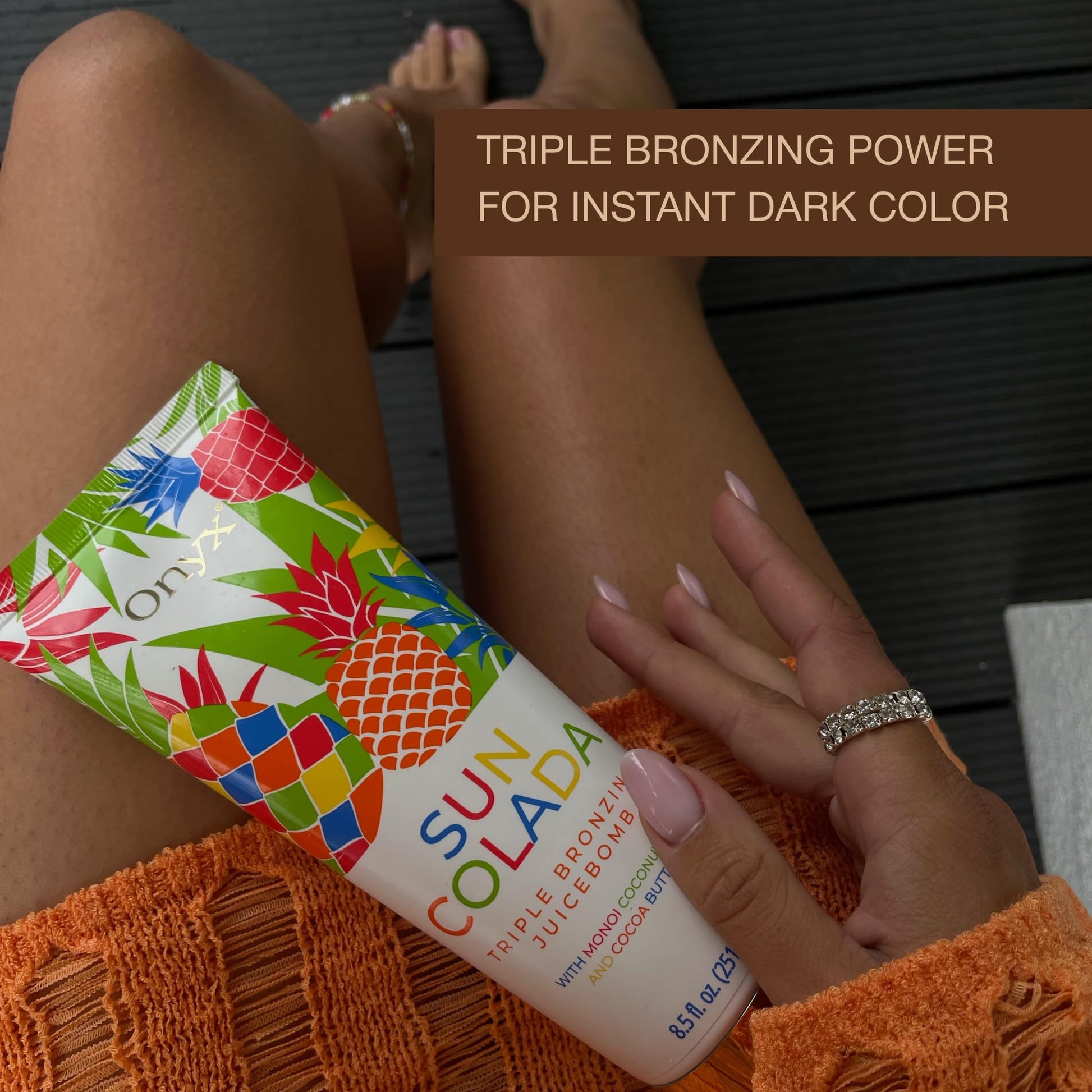 Back side of Onyx Suncolada tanning lotion bottle