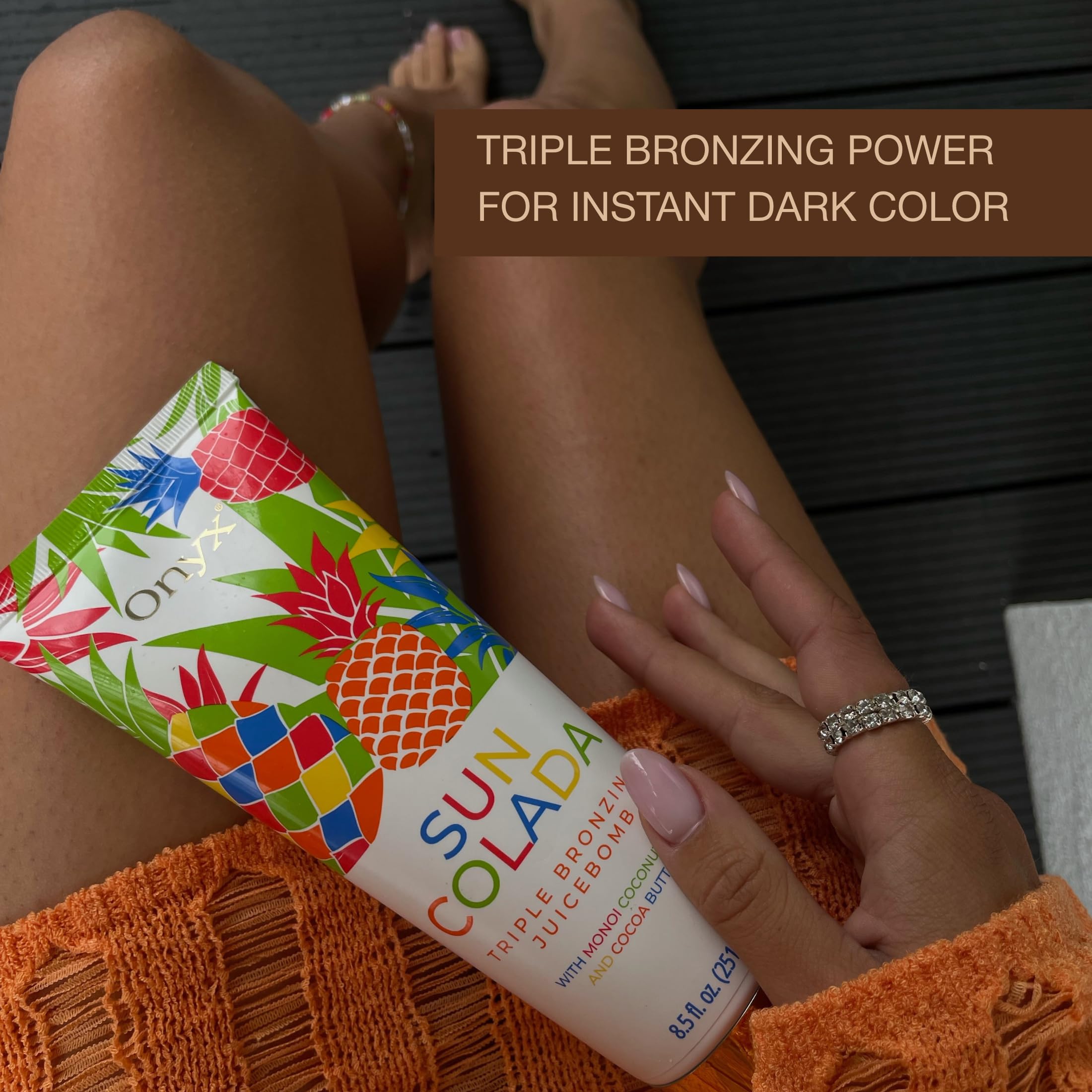 Back side of Onyx Suncolada tanning lotion bottle