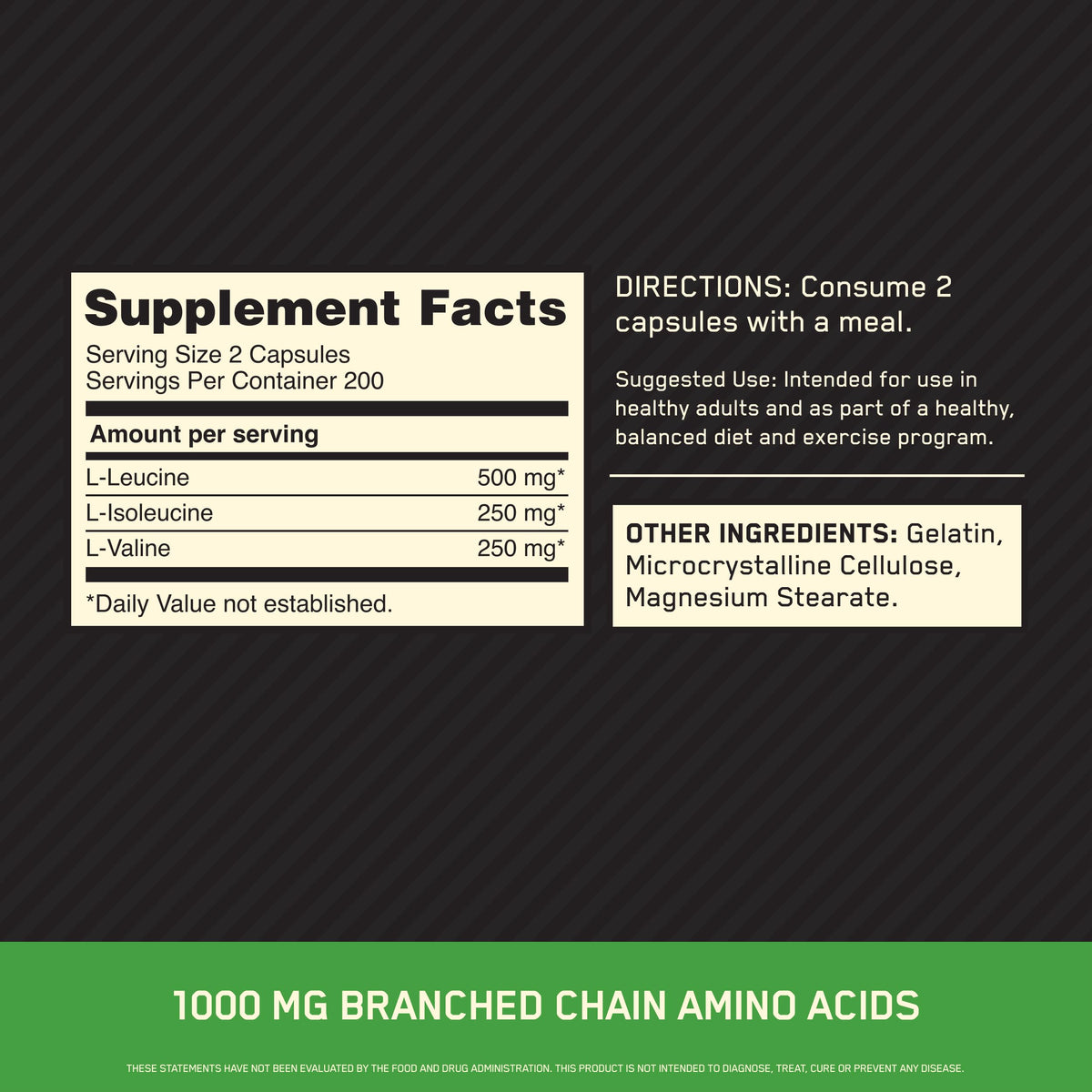 Optimum Nutrition BCAA 1000 nutritional label details