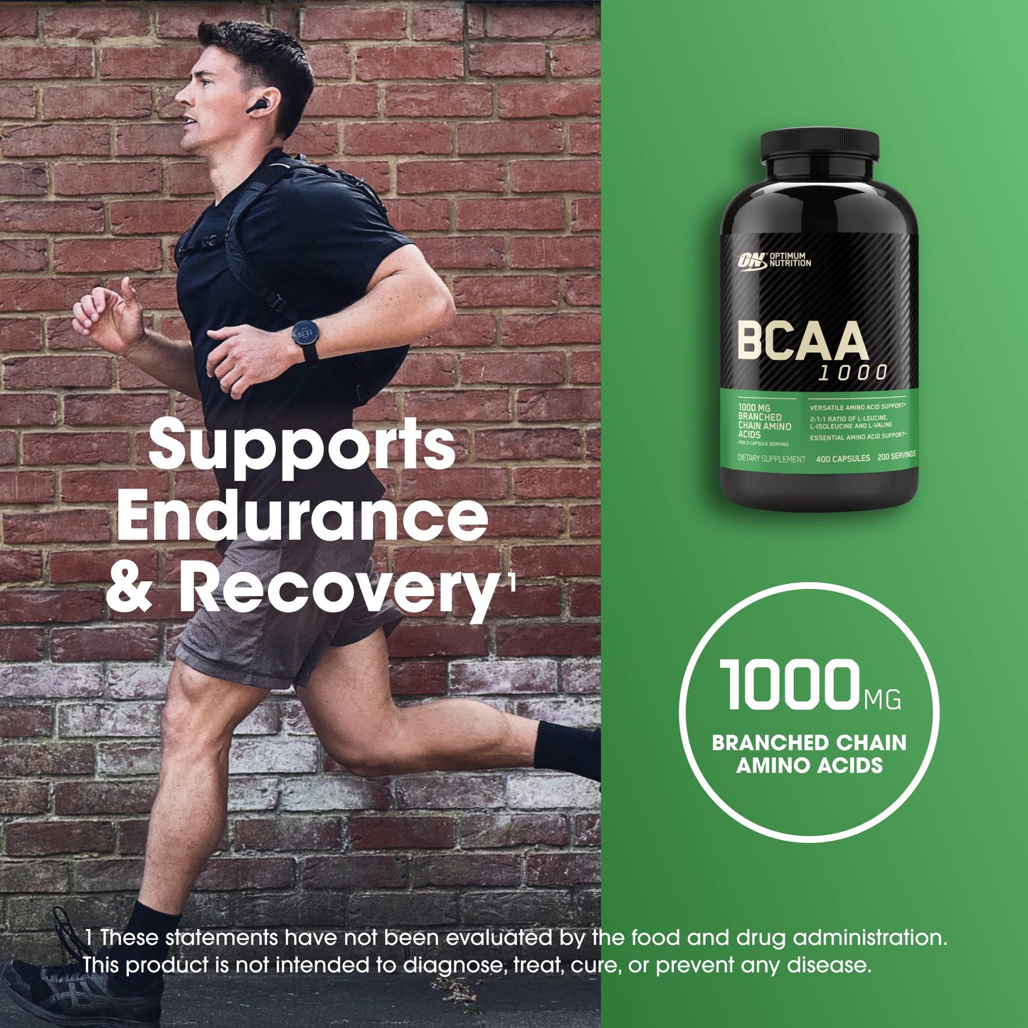 ON BCAA 1000 capsules showing 2:1:1 ratio of Leucine Isoleucine and Valine