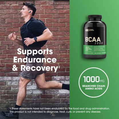 ON BCAA 1000 capsules showing 2:1:1 ratio of Leucine Isoleucine and Valine