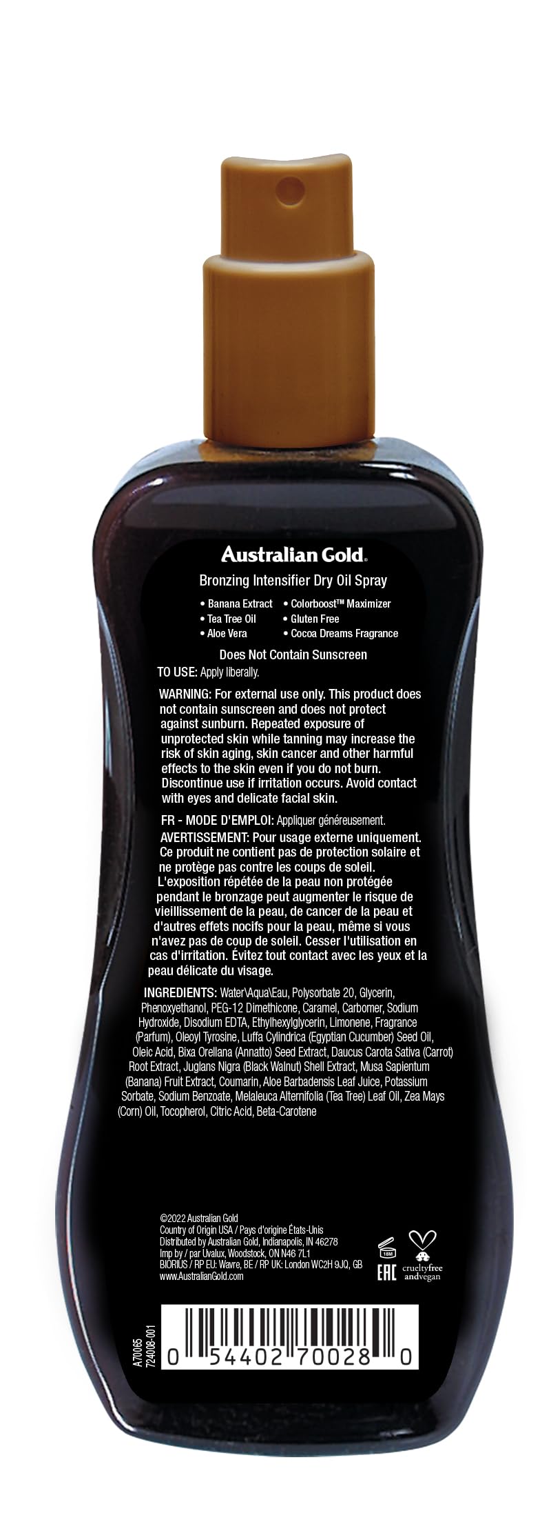 Australian Gold dry oil spray bottle showing tanning results
