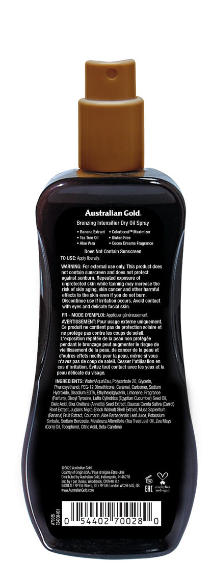 Australian Gold dry oil spray bottle showing tanning results