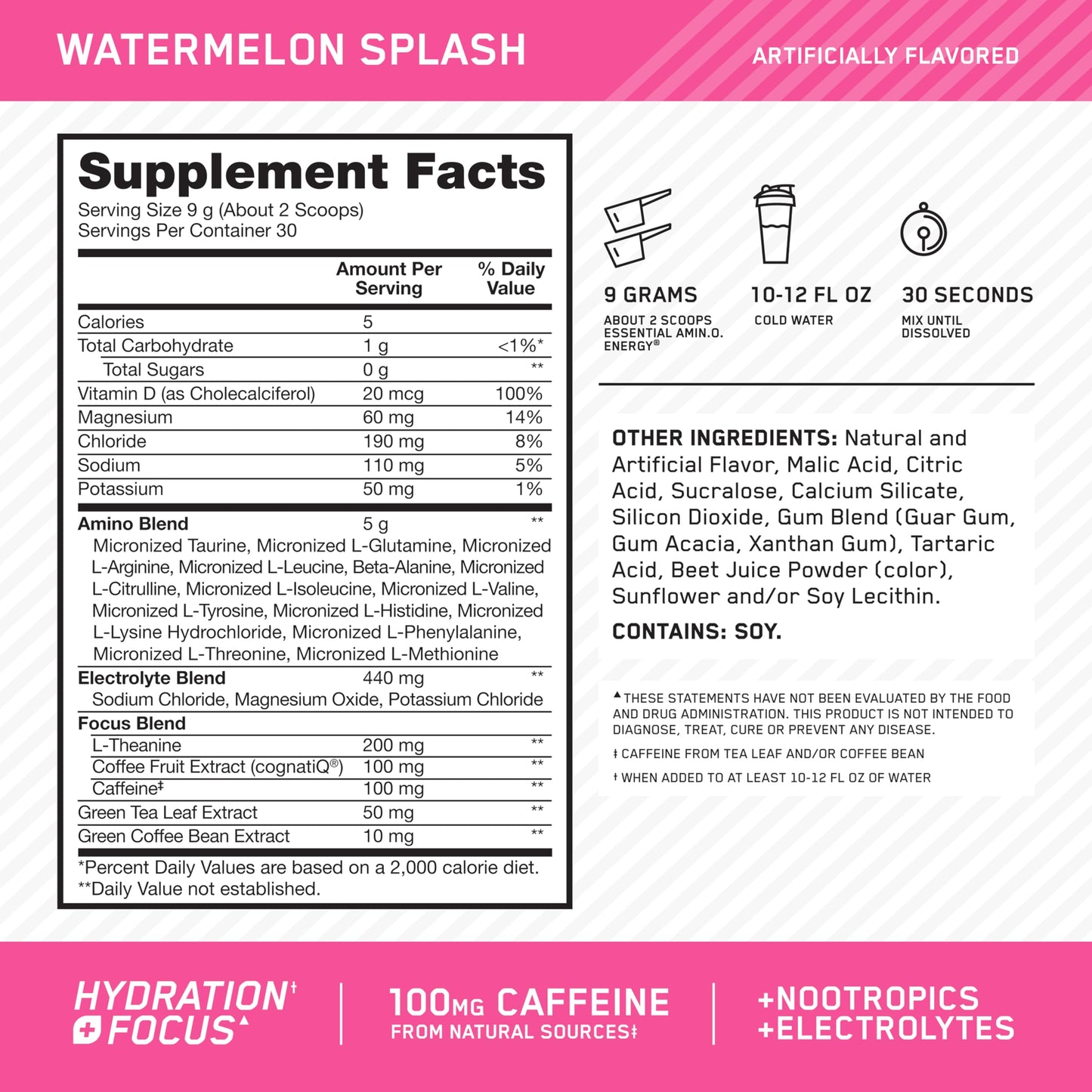 Optimum Nutrition Essential Amin.O. Energy plus Electrolytes powder 30 servings nutrition label