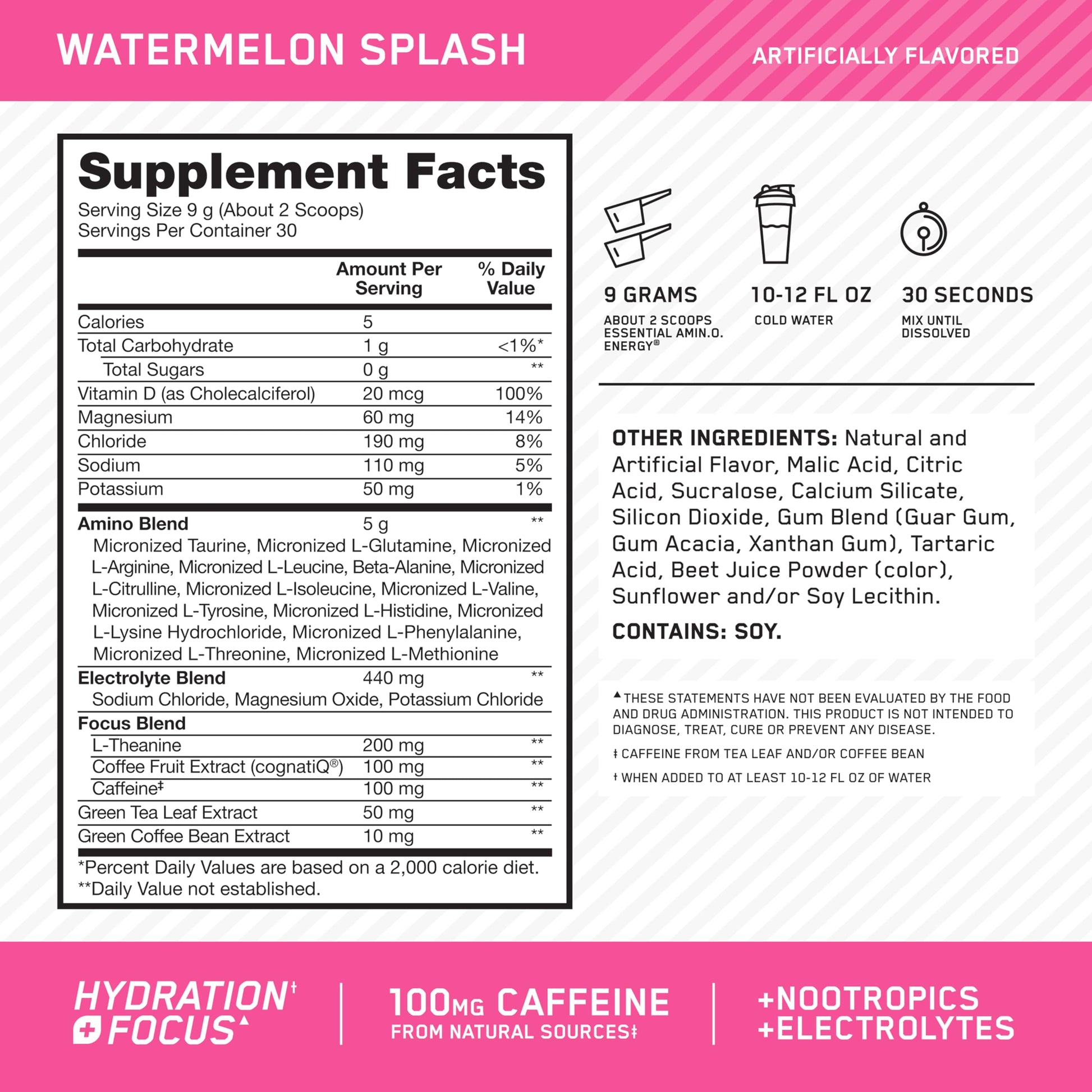 Optimum Nutrition Essential Amin.O. Energy plus Electrolytes powder 30 servings nutrition label