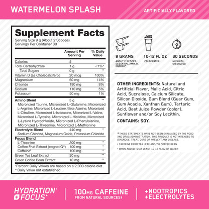 Optimum Nutrition Essential Amin.O. Energy plus Electrolytes powder 30 servings nutrition label