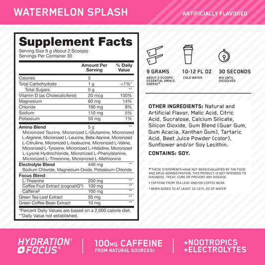 Optimum Nutrition Essential Amin.O. Energy plus Electrolytes powder 30 servings nutrition label
