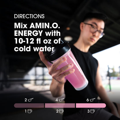 Close up of Optimum Nutrition Amino Energy powder scoop and texture