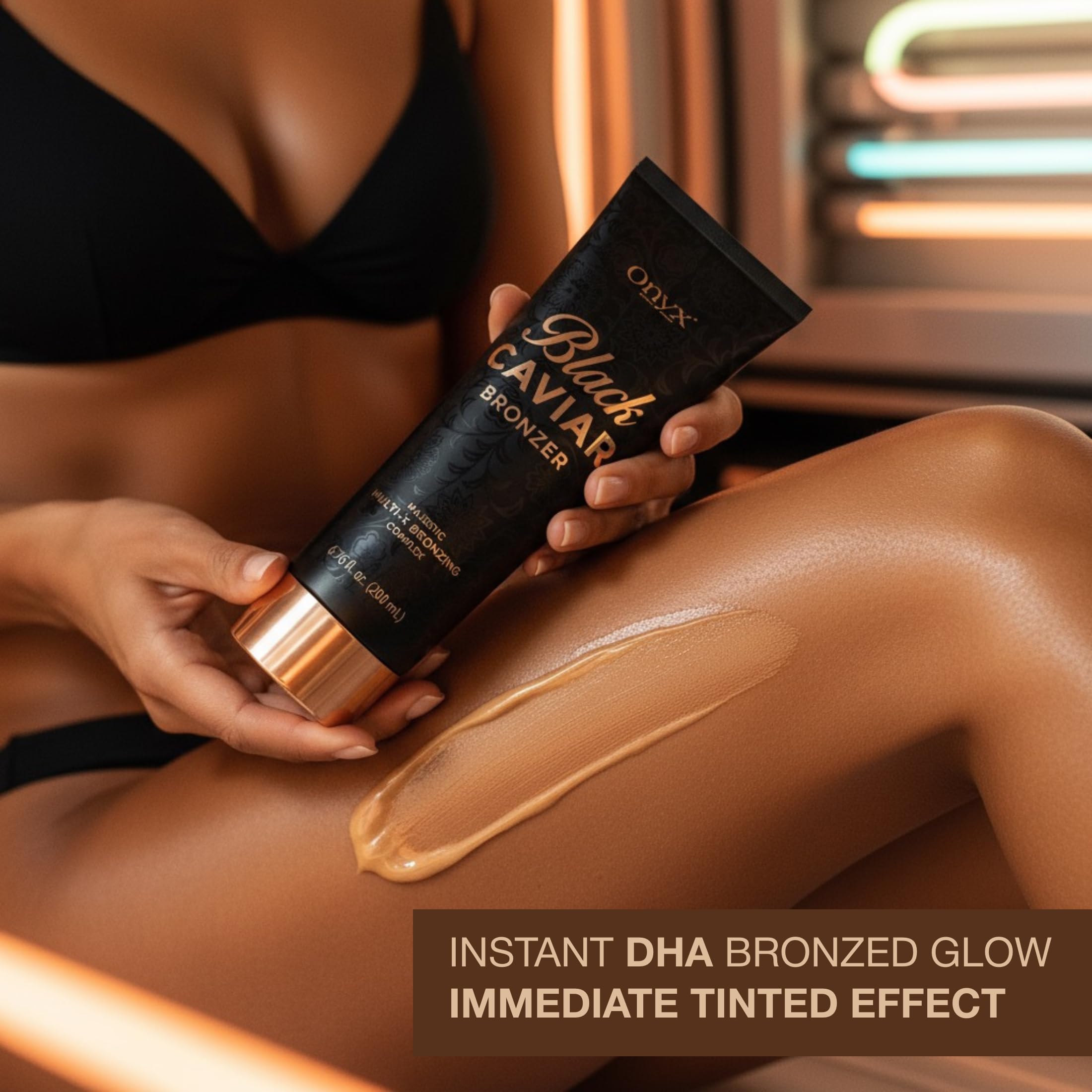 Onyx Black Caviar tanning lotion showing Majestic Multi-X Bronzing Complex branding