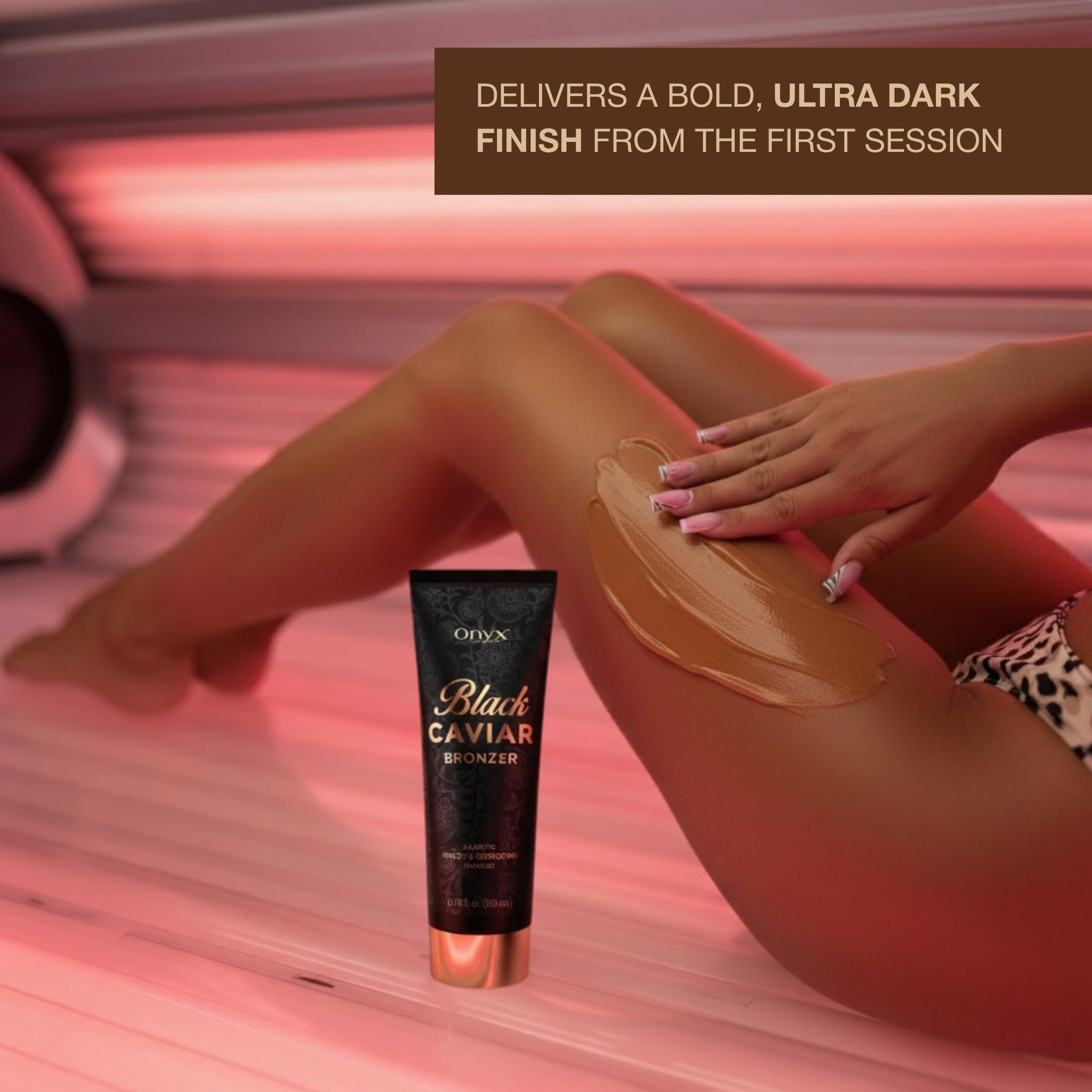Back view of Onyx Black Caviar tanning lotion bottle with ingredient details