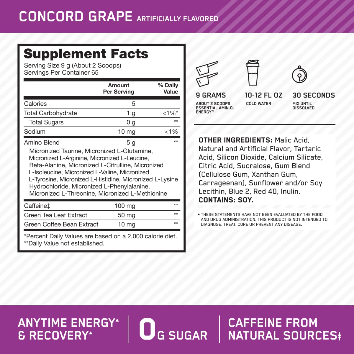 Essential Amino Energy nutrition facts label showing amino acid blend.