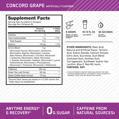 Essential Amino Energy nutrition facts label showing amino acid blend.