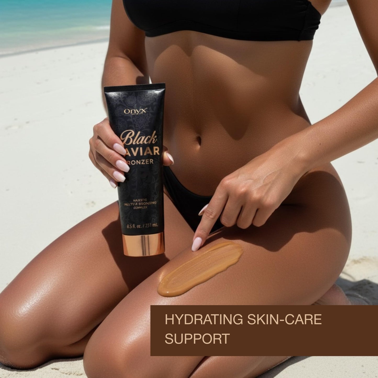 Side profile of Onyx Black Caviar tanning bed lotion packaging