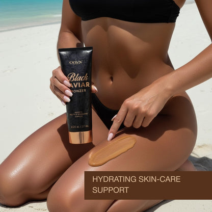 Side profile of Onyx Black Caviar tanning bed lotion packaging