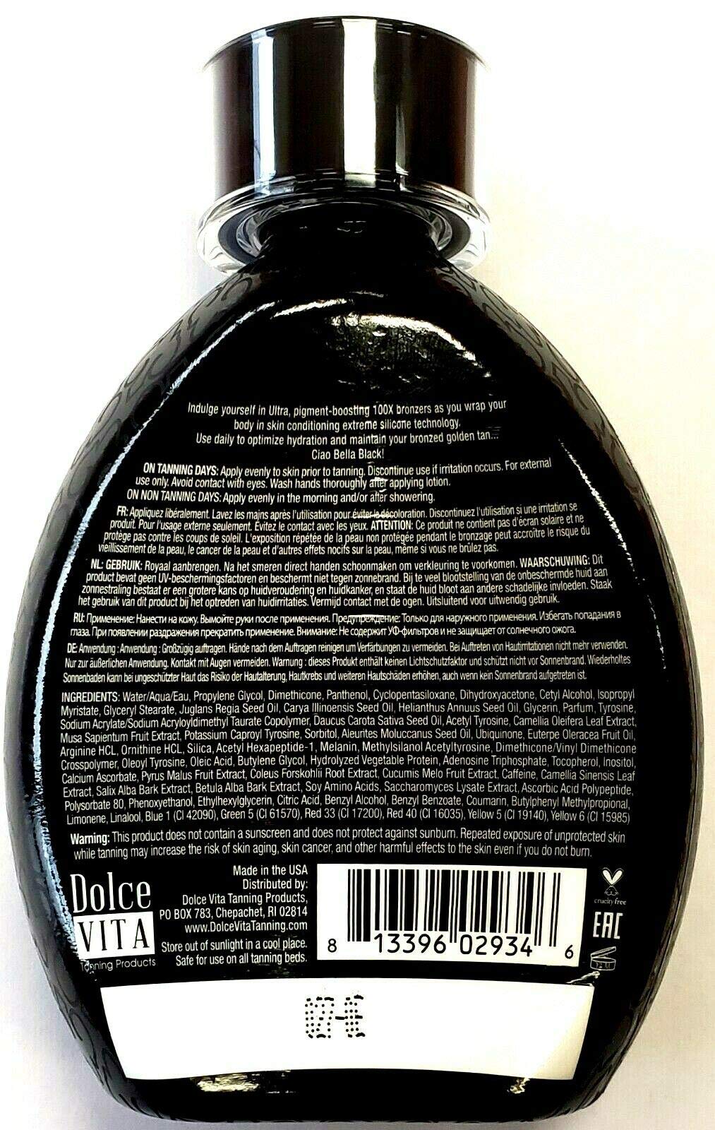 Dolce Vita premium dark tanning lotion showing back label ingredients and usage directions.