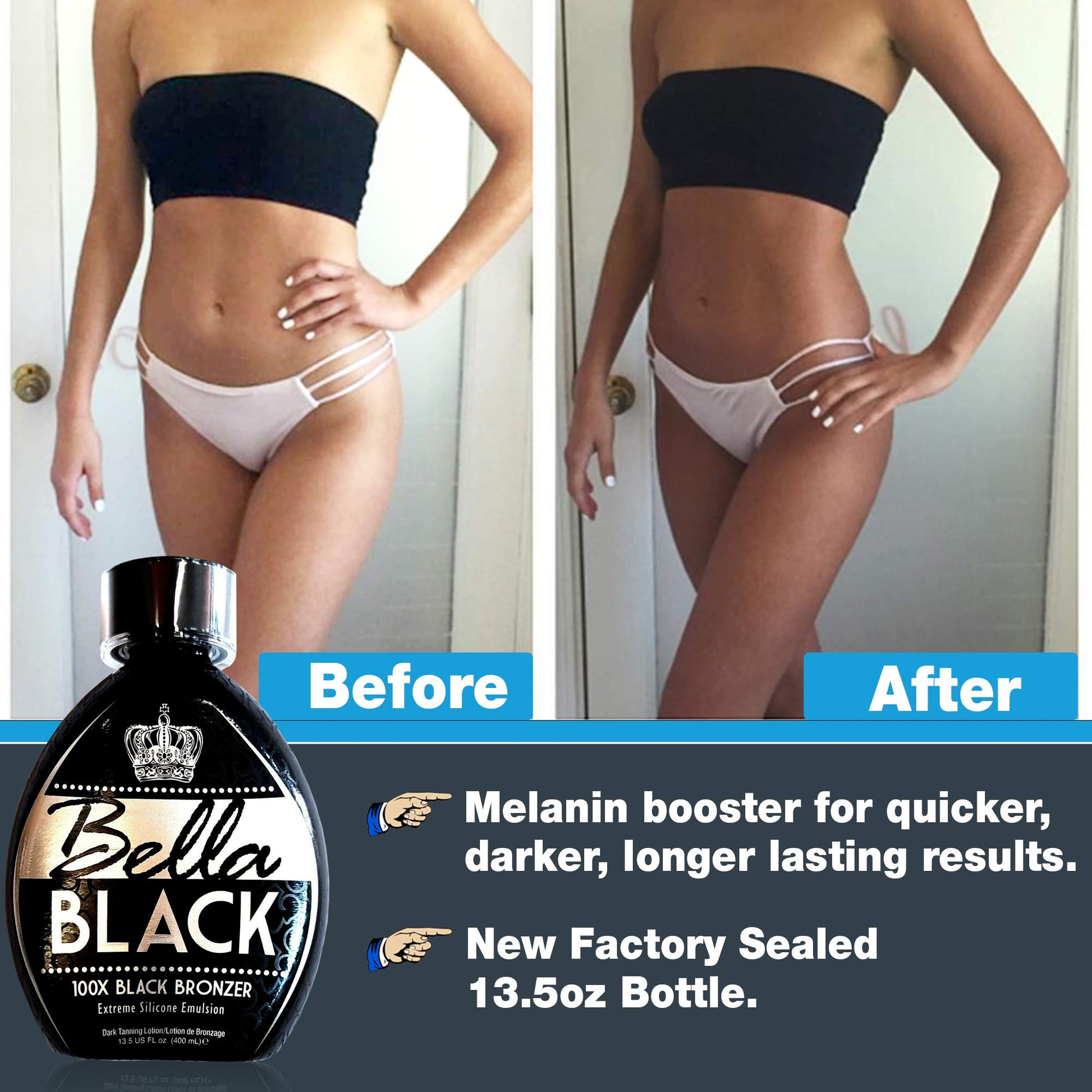 Bella Black 100X extreme silicone emulsion tanning lotion for deep skin hydration.