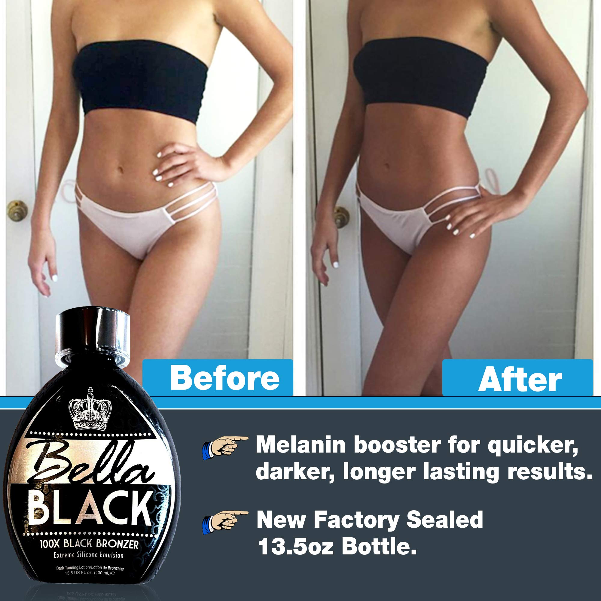 Bella Black 100X extreme silicone emulsion tanning lotion for deep skin hydration.