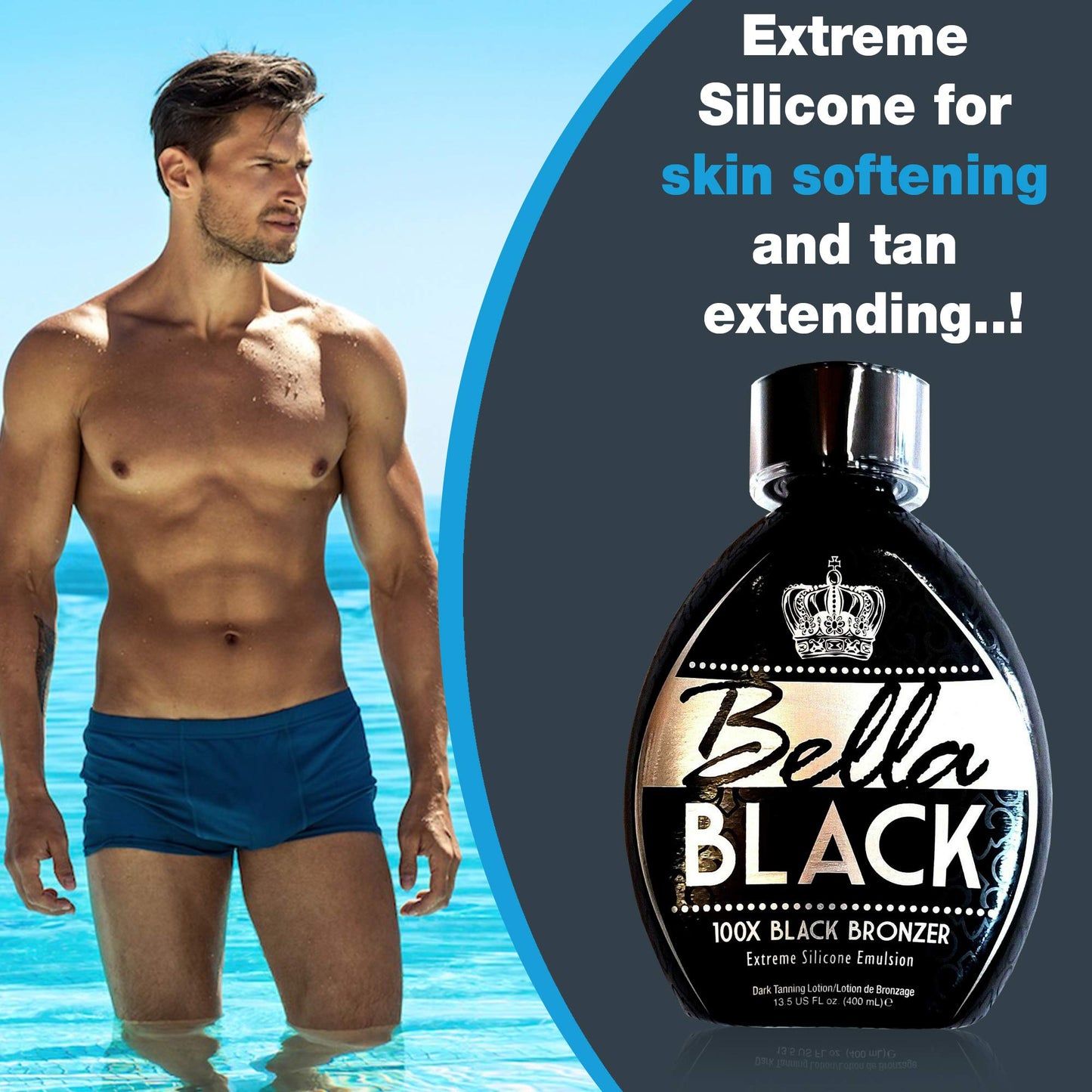 USA imported Bella Black 100X dark bronzer lotion bottle displayed on a clean background.