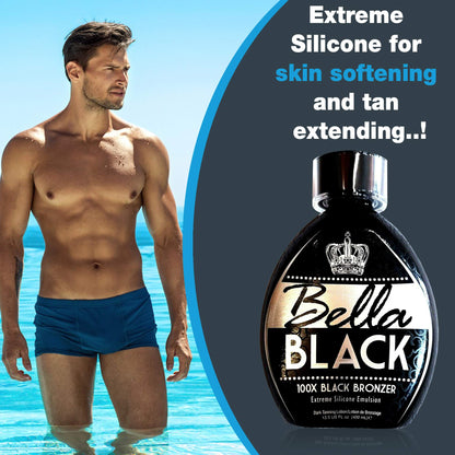 USA imported Bella Black 100X dark bronzer lotion bottle displayed on a clean background.