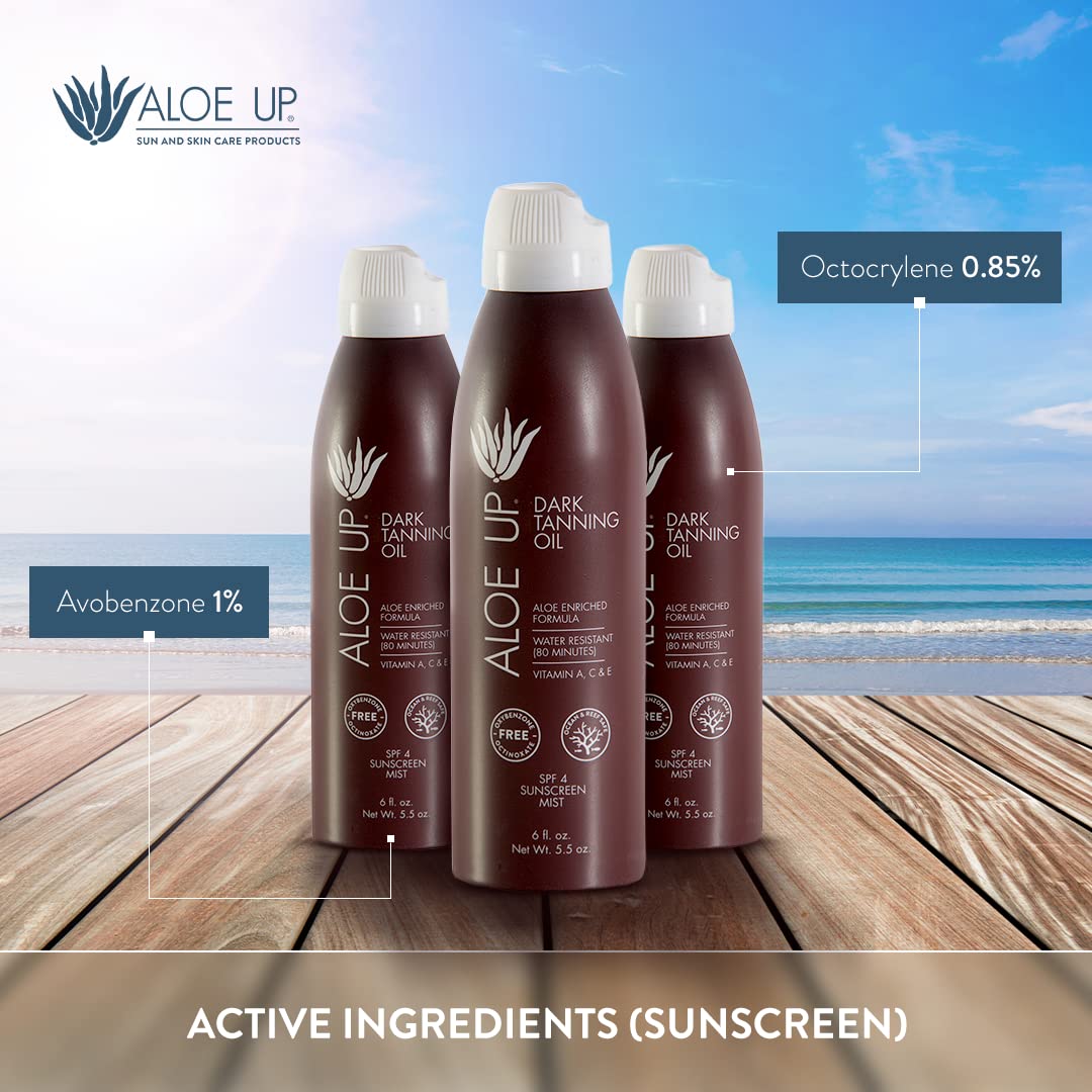 Close up of Aloe Up Dark Tanning Oil 6 ounce label