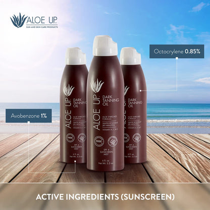 Close up of Aloe Up Dark Tanning Oil 6 ounce label