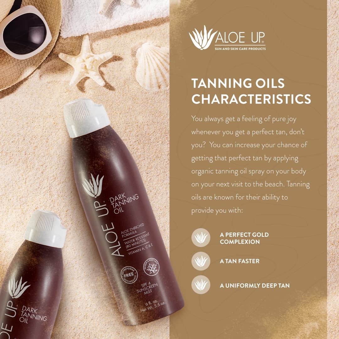Aloe Up SPF 4 tanning oil bottle on beach background