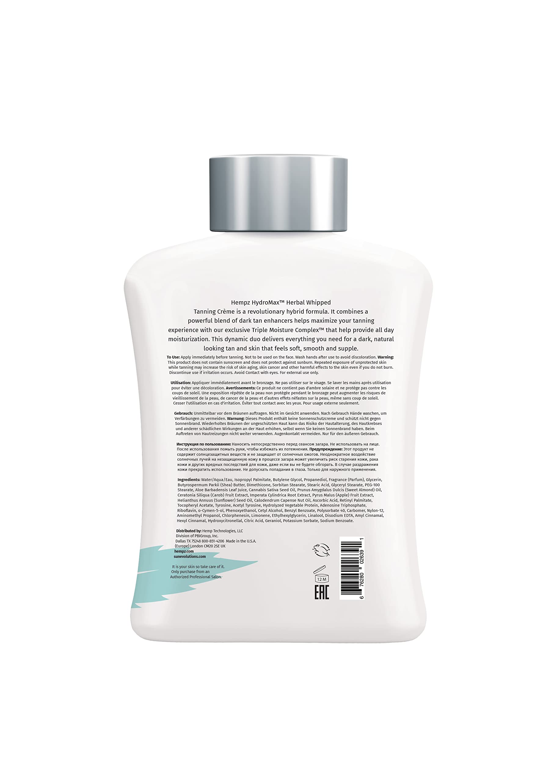 Hempz Hydro Max herbal moisturizing tanning lotion side label details